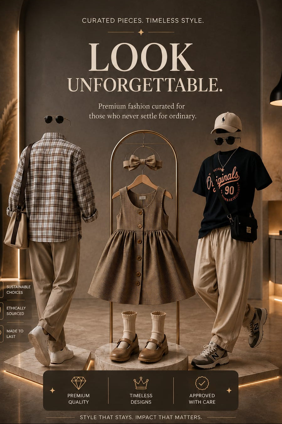 A fashion promotional banner showing three styled outfits on mannequins in a warmly lit boutique interior. The center figure wears a sleeveless taupe dress with a bow tie and boots, flanked by a plaid shirt with beige pants on the left and a dark graphic T-shirt with beige pants on the right.